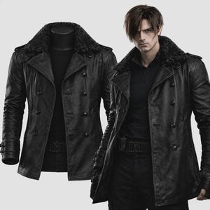 May include: Black leather jacket with a faux fur collar. The double-breasted coat features multiple buttons, a belt, and a textured appearance. The jacket is displayed on a mannequin and a person.