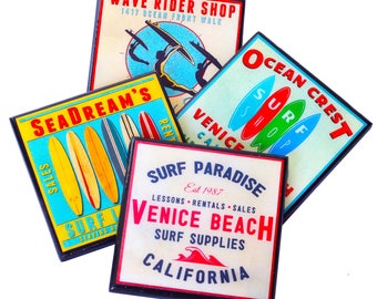Conjunto de porta-copos de madeira para prancha de surfe, presente de surfe, decoração costeira para casa de praia, decoração de surfe retrô, surfista, presente para anfitriã de Venice Beach