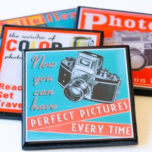 Vintage camera coaster set retro colorful wood and resin drink coasters photography advertising art gifts for photographers set of four image 3