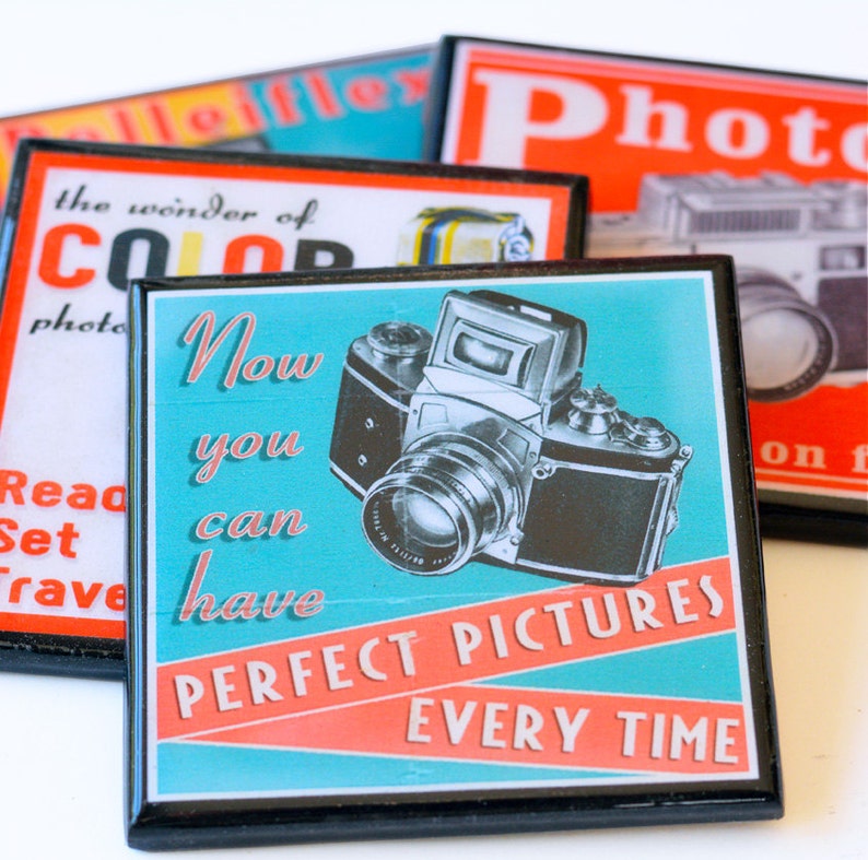 Vintage camera coaster set retro colorful wood and resin drink coasters photography advertising art gifts for photographers set of four image 3