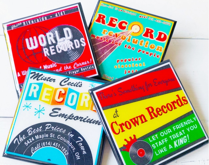 Vintage Record Store Drink Coaster Set Classic Record Shop Decor Vinyl Music Lover Gift