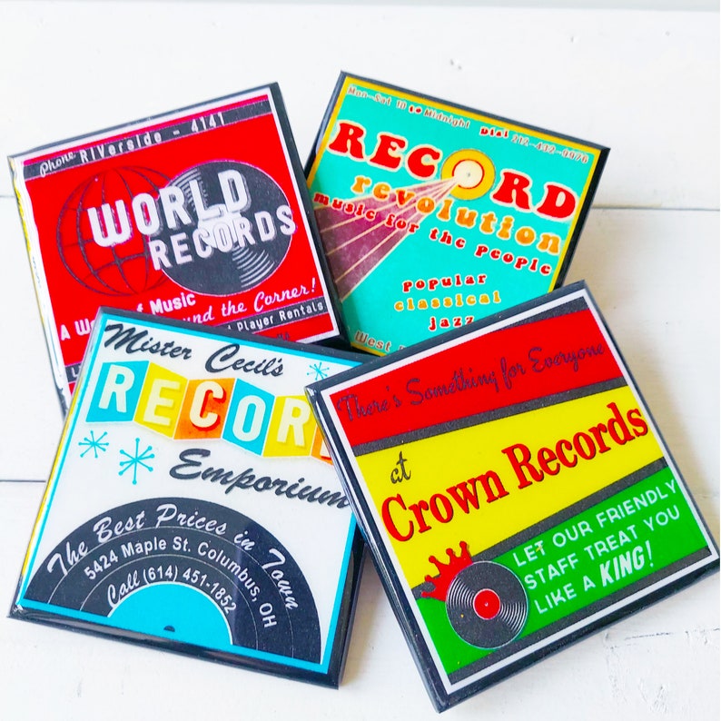 Vintage Record Store Drink Coaster Set Classic Record Shop Decor Vinyl Music Lover Gift image 1