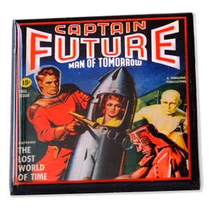 May include: A vintage comic book cover featuring Captain Future, Man of Tomorrow. The cover art depicts a futuristic rocket ship, a man in a red suit holding a gun, and a woman in a helmet. The text "The Lost World of Time" is featured on the cover.