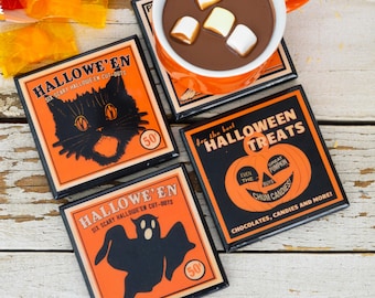 Vintage Halloween Resin Drink Coasters Set of Four  Orange and Black Halloween Decor Gift