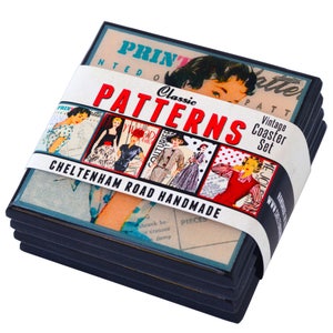 May include: Set of four vintage-style coasters featuring a collage of retro fashion illustrations. The coasters are made of ceramic and have a black border. The packaging includes the text "Classic Patterns Vintage Coaster Set" and "Cheltenham Road Handmade".