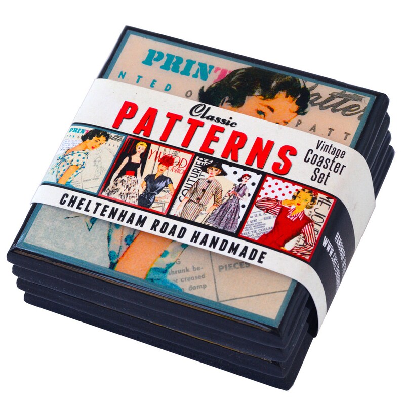 May include: Set of four vintage-style coasters featuring a collage of retro fashion illustrations. The coasters are made of ceramic and have a black border. The packaging includes the text "Classic Patterns Vintage Coaster Set" and "Cheltenham Road Handmade".