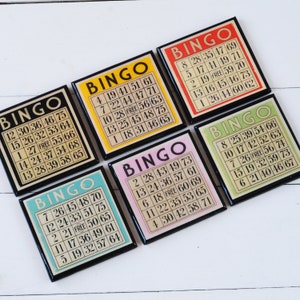 Bingo Game Card Drink Coaster Set Colorful Wood and Resin Coasters Set of Six Game Room Decor Game Night Hostess Gift Idea image 3