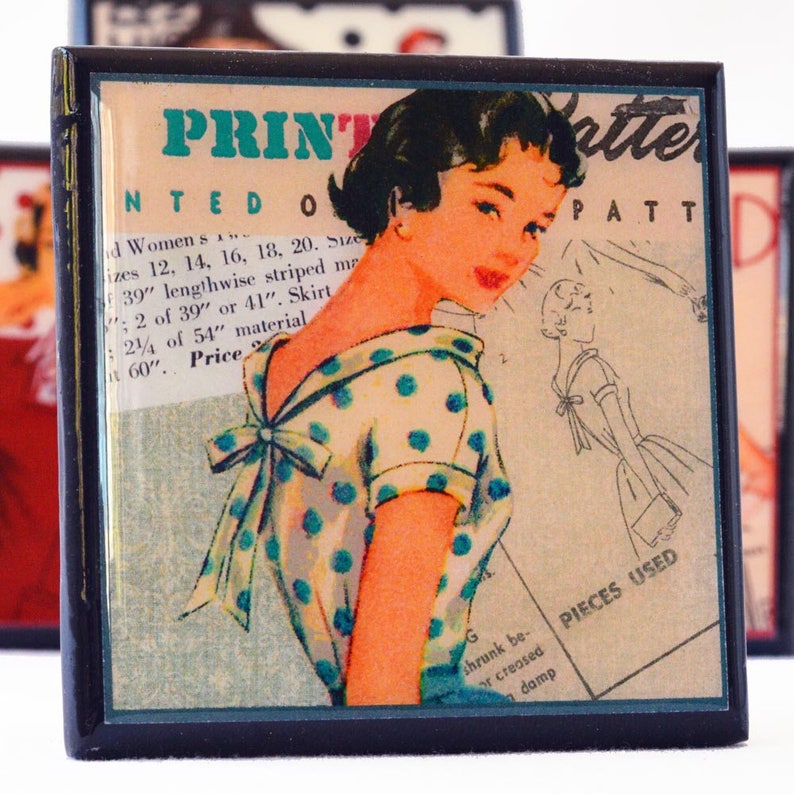 May include: Vintage sewing pattern cover featuring a woman in a polka dot dress. The cover includes the text "PRINTED PATTERN" and "PIECES USED".