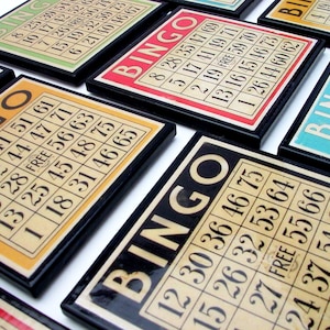 Onderzetters voor bingogamekaarten | Kleurrijke onderzetters van hout en hars | Set van zes | Gamekamerdecoratie | Cadeau-idee game-avond gastvrouw