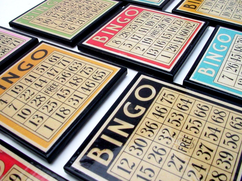 Bingo Game Card Drink Coaster Set Colorful Wood and Resin Coasters Set of Six Game Room Decor Game Night Hostess Gift Idea image 1