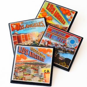 Los Angeles Coasters California Decor DTLA Wood Drink Coaster Set Retro LA Decor Los Angeles Art housewarming gift idea