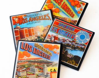 Los Angeles Coasters California Decor DTLA Wood Drink Coaster Set Retro LA Decor Los Angeles Art housewarming gift idea