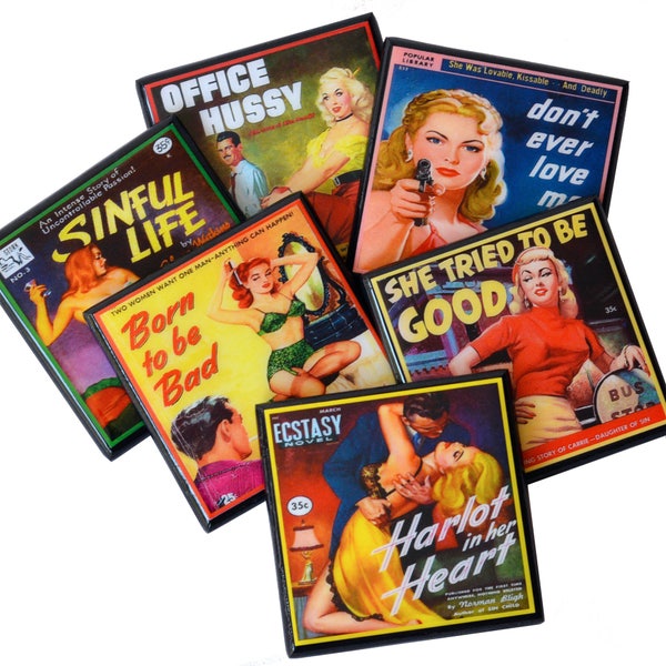 Pulp Fiction Drink Coaster Set, Bad Girls Wood and Resin Coasters, Set of Six, Femme Fatale Book Cover Wood Coasters, Funny Wine Coasters