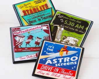 Drive In Theatre Coaster Set, Wood and Resin Drink Coasters Vintage Movie Night, Game Room Decor Film Lover Retro Housewarming Gift under 25