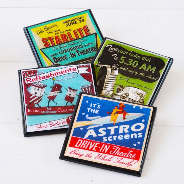 Drive In Theatre Coaster Set, Wood and Resin Drink Coasters Vintage Movie Night, Game Room Decor Film Lover Retro Housewarming Gift under 25