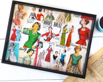 Sewing Pattern Collage Wood and Resin Tray Mid Century Fashion Art Sewing Room Decor Gift for Seamstress