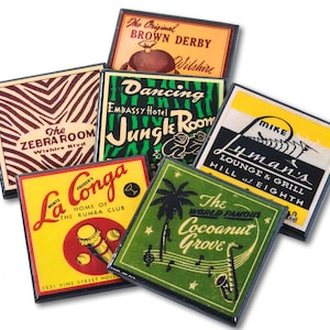Coaster Set, Old Hollywood Glamour Decor, Los Angeles Retro Coasters, matchbook art, wood coasters,  unique hostess gift , Oscar party favor