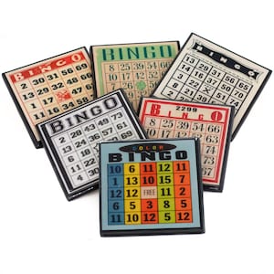 Zes vintage onderzetters voor bingokaarten - retro game-avonddecoratie voor aan je bar of salontafel