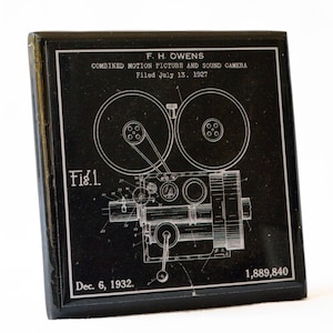 May include: A black and white patent drawing of a combined motion picture and sound camera. The drawing shows the camera's internal workings, including gears, sprockets, and a lens. The patent was filed on 13 July 1927, and granted on 6 December 1932, to F.H. Owens. The patent number is 1,889,840.