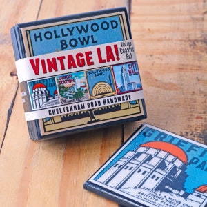 Los Angeles Coasters, California Decor, Wood Drink Coaster Set, Retro LA Decor, Los Angeles Art, Old Hollywood, housewarming gift, set of 4 image 5