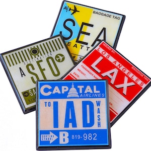 Airport Code Coaster Set, Baggage Tag Wood Drink Coasters, vintage travel decor gifts, LAX, Seattle, San Francisco Set of 4