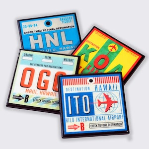Vintage Hawaii Aiport Code Coaster Set, Mid Century Style Luggage Tag Art, Hawaiian Island Decor, Honolulu Maui Hilo, Four Square Coasters