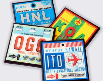 vintage Hawaii Aiport Code Coaster Set Hostess Gift Under 25 Hawaiian Island Decor Bagage Tag Art Honolulu Maui Hilo Kona Set of Four