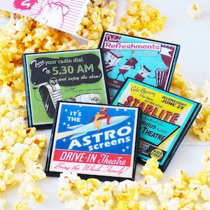 Drive In Theatre-onderzetter, onderzetters van hout en hars, vintage filmavond, gameroomdecor filmliefhebber retro housewarmingcadeau onder de 25