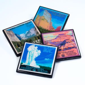 National Park wood and resin coaster set, WPA coasters, Yosemite, Grand Canyon, Yellowstone, Zion, travel decor, hostess gift, travel gifts