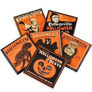 6er-Set, Vintage orange und schwarze Halloween-Untersetzer Klassisches Halloween-Dekor Holz Untersetzer-Set, erschwingliches Hostessengeschenk oder Partybevorzugung