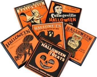 Set of 6, Vintage Orange and Black Halloween Coasters Classic Halloween Decor Wood Drink Coaster Set, Affordable Hostess Gift or Party Favor