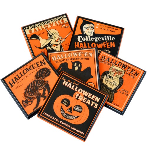 Halloween Decor Wood Drink Coaster Set, Hostess Gift or Party Favor Set of Six, Vintage Halloween Orange and Black