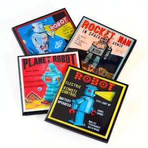 Retro Toy Robot Drink Coaster Set, Vintage Mid Century Science Fiction, 1950s Style Gift, Space Age Decor