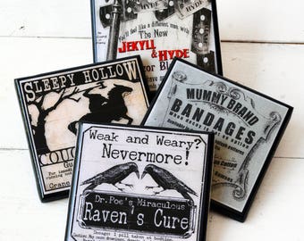 Halloween Drink Coaster Set Halloween Decor Wood Coasters Gothic Halloween Hostess Party Gift Funny Halloween Decor Poe Sleepy Hollow Raven
