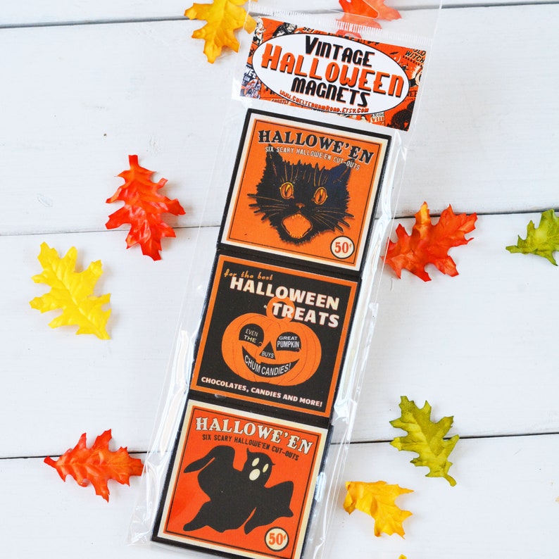 Halloween Decor Magnet Set of Three Vintage Halloween Party Favor Gift Fridge Magnets Orange Pumpkin Ghost and Cat image 2
