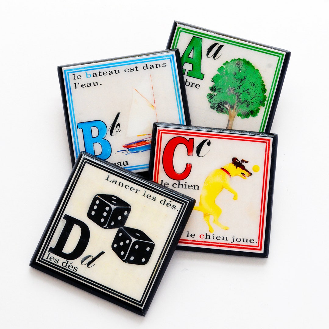 French ABC Cocktail Coaster Set, Children's Alphabet Book Graphic Wood ...