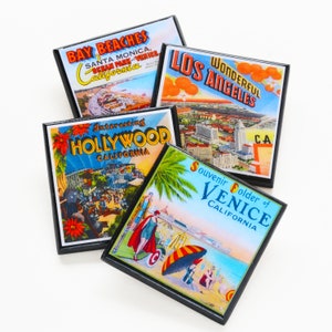 Conjunto de porta-copos com cartões postais vintage de Los Angeles, Califórnia, porta-copos retrô de Los Angeles com Veneza, Santa Monica e Hollywood