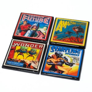Retro Science Fiction Drink Coasters, Pulp Sci Fi Magazine Cover Wood Coaster Set of Four