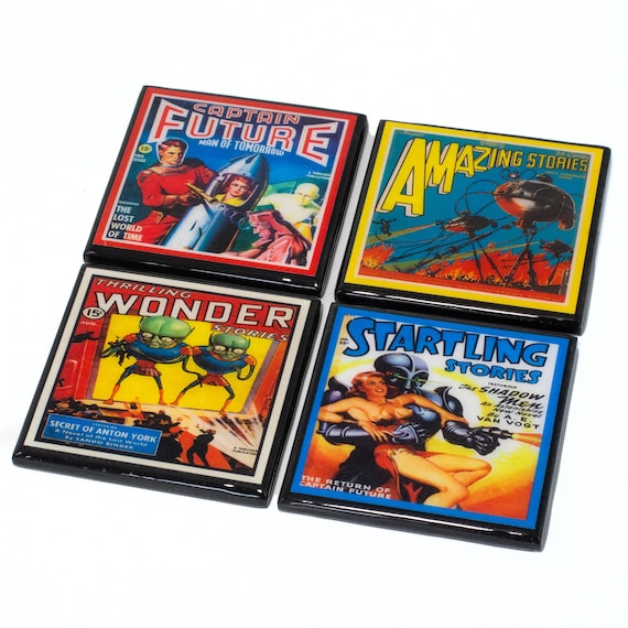 Retro Science Fiction Drink Coasters, Pulp Sci Fi Magazine Cover Wood Coaster Set of Four