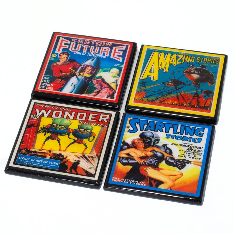 May include: Set of four square coasters featuring vintage science fiction comic book covers. The covers feature illustrations of spaceships, aliens, and futuristic scenes. The titles of the comics are "Captain Future", "Amazing Stories", "Thrilling Wonder Stories", and "Startling Stories".
