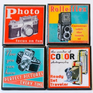 Vintage camera coaster set retro colorful wood and resin drink coasters photography advertising art gifts for photographers set of four image 1