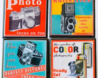 Vintage camera coaster set retro colorful wood and resin drink coasters photography advertising art gifts for photographers set of four