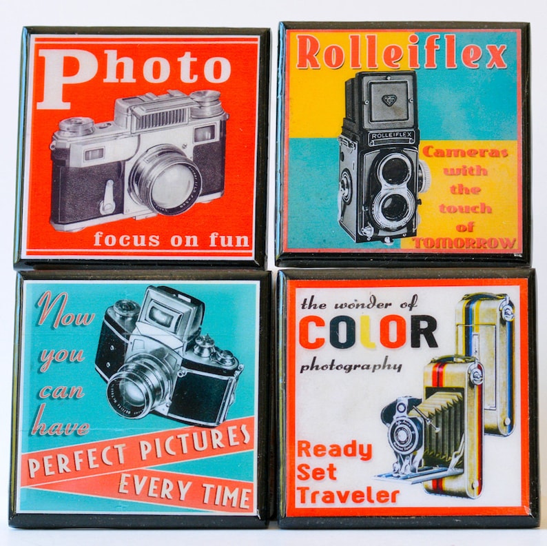 Vintage camera coaster set retro colorful wood and resin drink coasters photography advertising art gifts for photographers set of four image 1