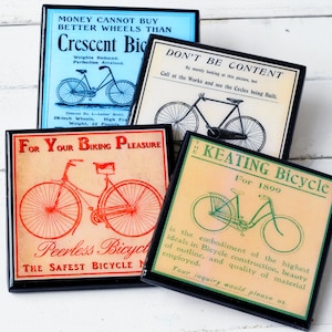 Fietsonderzetter set, vintage fietsreclame kunst hout en hars onderzetters, fietsen fietsen cadeau, mangrot sport decor set van vier