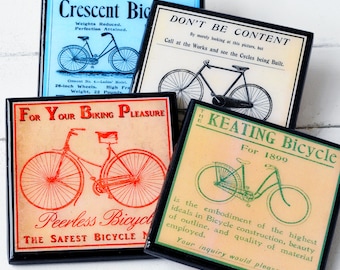 Bicycle Coaster Set, Vintage Bike Advertising Art Wood and Resin Drink Coasters, Biking Cycling Gift, Man Cave Sports Decor Set of Four