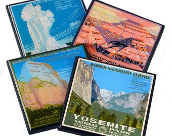 National Park wood and resin coaster set, WPA coasters, Yosemite, Grand Canyon, Yellowstone, Zion, travel decor, hostess gift, travel gifts