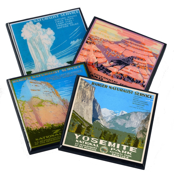 National Park wood and resin coaster set, WPA coasters, Yosemite, Grand Canyon, Yellowstone, Zion, travel decor, hostess gift, travel gifts