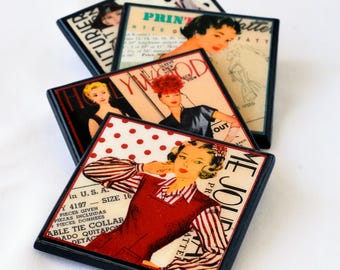 Retro Dress Pattern Drink Coaster Set, Mid Century Sewing Room Decor, Wood and Resin Coasters for the Sewist