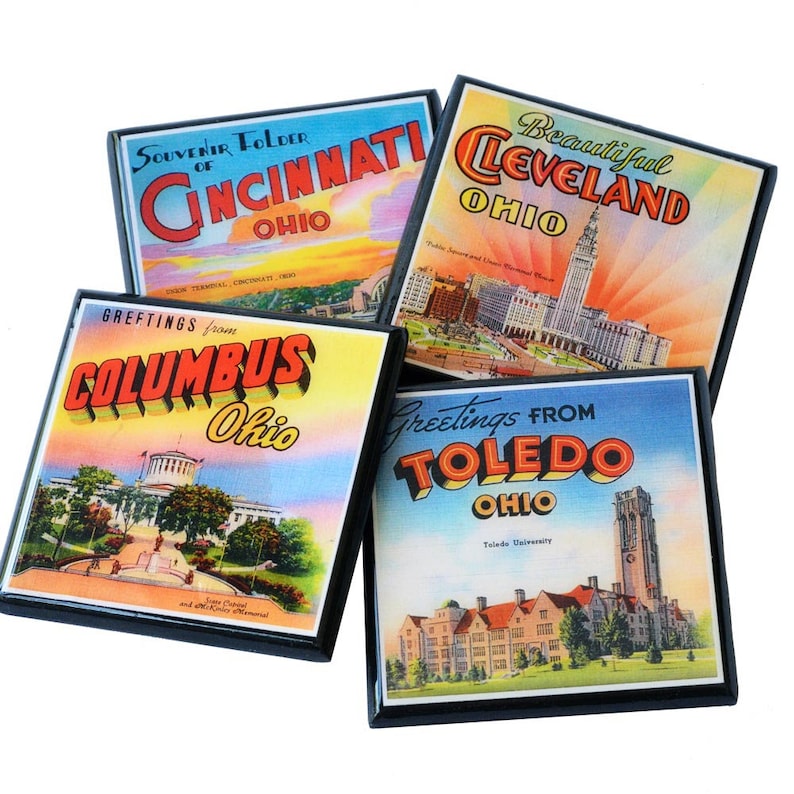 State of Ohio Drink Coaster Set Cleveland Columbus Toledo Cincinnati Ohio Decor image 1