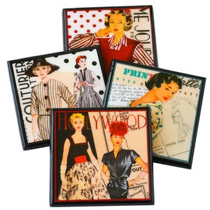 May include: Four vintage-style coasters featuring images of women in retro clothing and fashion magazine covers. The coasters have black frames and feature text like "Couturier", "Hollywood", "Printette", and "Me Jolie".